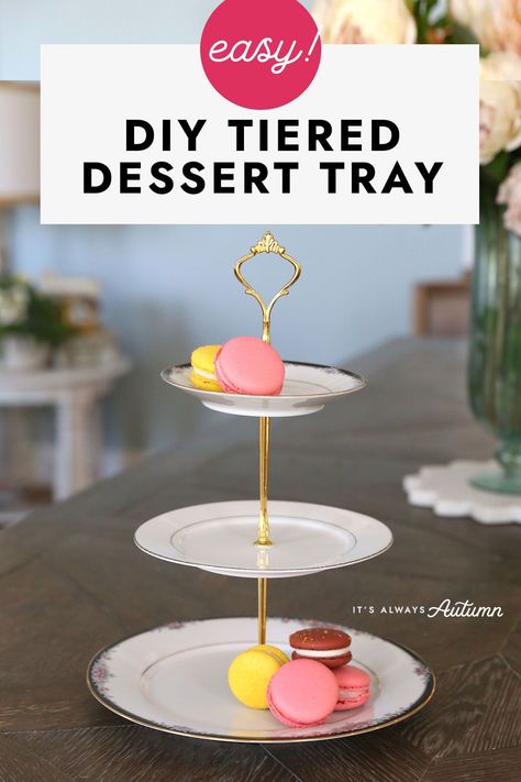 Learn how to make an adorable DIY tiered tray using plates from the thrift store. This easy craft project for adults can be completed in about half an hour. Thrifted Plates, Diy Dessert Stand, Dessert Tier, Tiered Dessert Tray, Diy Tiered Tray, Diy Cupcake Stand, Tiered Dessert Stand, Diy Serving Tray, Diy Dessert