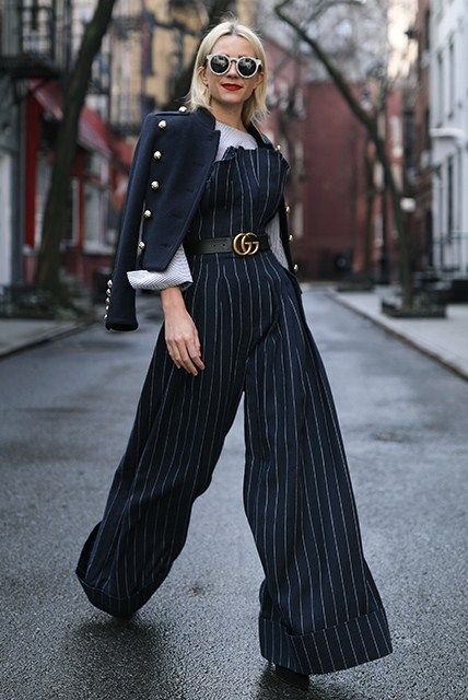 Pinstripe Jumpsuit Outfit, Strapless Jumpsuit With Shirt Underneath, Funky Formal Outfit, Pinstripe Outfit, Pinstripe Jumpsuit, Old Money Outfits, Blair Eadie, Atlantic Pacific, Mode Chanel