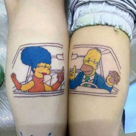 Partner Tattoos, Maching Tattoos, Simpsons Tattoo, Homer And Marge, Couples Tattoo Designs, Sibling Tattoos, Couple Tattoo, Matching Couple Tattoos, Stomach Tattoos