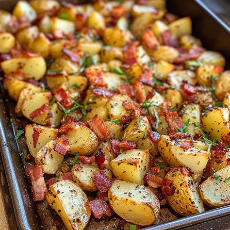 Honey Bacon Roasted Potatoes 🥔🥓 These crispy roasted potatoes with smoky bacon and a drizzle of honey create a perfect balance of savory and sweet. This dish makes a hearty side or a flavorful snack that will impress any crowd. Ingredients: • 2 pounds russet potatoes, cleaned and cut into 1-inch cubes • ½ cup chopped bacon • ¼ cup honey • 1 tablespoon olive oil • 1 teaspoon salt • ½ teaspoon black pepper Directions: 1. Preheat the oven: • Set your oven to 425°F (220°C). 2. Toss the ing... Crispy Bacon In Oven, Honey Bacon, Crispy Roasted Potatoes, Potatoes In Oven, Bacon In The Oven, Bacon Potato, Food Therapy, Russet Potatoes, Main Courses