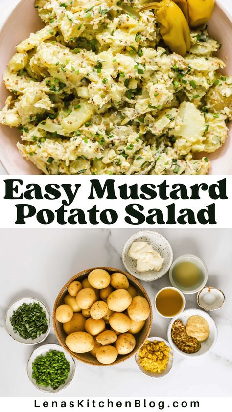 Try this Mustard Potato Salad for a tangy, buttery, and satisfying dish! Baby Yukon gold potatoes are tossed in a zesty Dijon vinaigrette with fresh herbs, creating a light and refreshing flavor. Serve it at summer barbecues or family potlucks for a crowd-pleasing side to any meal. Summer Potato Salad, Potato Salad Without Mustard, Mustard Potato Salad, Yukon Gold Potato Salad, Potato Salad No Mustard Recipe, Summer Potato Recipes, Vegan Potato Salad, Potatoe Salad, Yellow Mustard Potato Salad Recipe