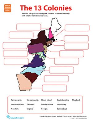 Name Game: The 13 Original Colonies | Worksheet | Education.com 13 Colonies Map, 13 Original Colonies, The 13 Colonies, 13 Colonies, 4th Grade Social Studies, American History Lessons, Name Game, Homeschool Worksheets, 5th Grade Social Studies