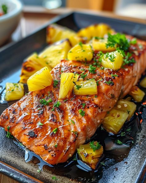 HONEY PINEAPPLE SALMON🍯🍍 Ingredients: 4 salmon fillets 1 cup fresh pineapple, diced 1/4 cup honey 1/4 cup soy sauce 2 tablespoons olive oil 2 tablespoons lime juice 3 cloves garlic, minced 1 teaspoon grated fresh ginger Salt and pepper, to taste Fresh cilantro, chopped (for garnish) Directions: Step 1: Prepare the Marinade In a medium bowl, whisk together the honey, soy sauce, olive oil, lime juice, minced garlic, and grated ginger until well combined. Step 2: Marinate the Salmon Place ... Seafood Healthy, Healthy Meals Fish, Pineapple Food, Honey Pineapple Salmon, Honey Glazed Pineapple Salmon, Honey Garlic Salmon In Foil, Honey Garlic Salmon Stovetop, Salmon With Soy Sauce And Honey, Lobster Recipes Tail