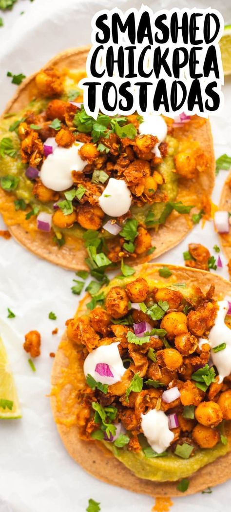 These EASY vegetarian tostadas have smashed crispy fried chickpeas for their topping - so flavorful with the perfect blend of spices! A cheesy base, guacamole and some tangy onion and cilantro round it off to the perfect combination of flavors and textures to make these meatless tostadas shine. Crispy Chickpea Tacos, Chickpea Tacos Recipes, Meatless Tostadas, Chickpea Tostadas, Vegetarian Tostadas, Fried Chickpeas, Meatless Meals Healthy, Vegan Tacos Meat, Sweet Potato Toppings