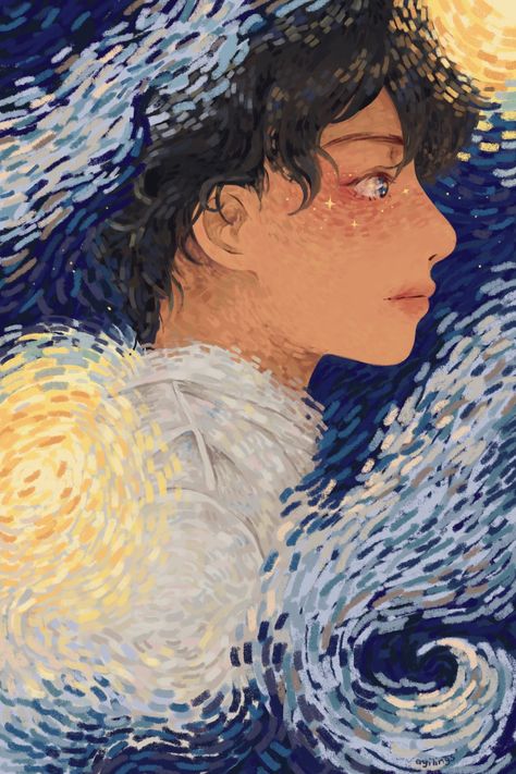 Taehyung Aesthetic Fanart, Starry Illustration, V Fanart, School Illustration, Arte Van Gogh, Bts Art, Art Fanart, Banana Fish, Arte Sketchbook