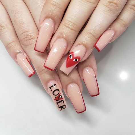 ♡ Gina ♡ on Instagram: “Loser or lover 😆💘💖 I'm taking new clients in Sacramento now 🥰. Please DM or text me for your appointment 🥰  #allpowder #nailart #nailfie…” Loser Lover Nail Designs, Loser Nails Design, Loser Lover Acrylic Nails, Loser Lover Nails, Nails With Text, Loser Nails, Txt Nails Designs, Nail Art Fancy, I Love Me Nails