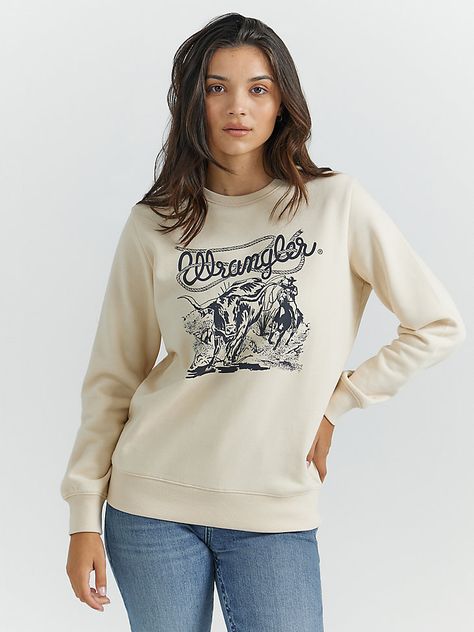 Women's Wrangler Crew Pullover | Women's TOPS | Wrangler® Cowboy Roping, Retro Crewneck, Men Workwear, Wrangler Women, Toddler Boots, Long Sleeve Kids, Boys Bottoms, Loose Fit Jeans, Western Outfits