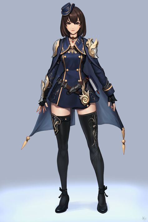 I can really see Ansithe wearing something like this...longer skirt, though. Photographie Portrait Inspiration, Warrior Girl, Female Character Design, Character Design References, Dieselpunk, Fantasy Clothing, Character Outfits, Blue And Gold, Manga Drawing