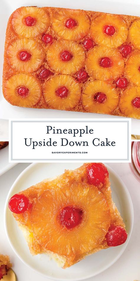 With tons of cherries and pineapple flavor, this EASY classic Pineapple Upside Down Cake recipe is sure to be a winner for any event! Easy Upside Down Pineapple Cake Simple, Pineapple Upside Down Cake 9x13, Pineapple Upside Down Cake Mix Recipe, Pin Apple Upside Down Cake, Pineapple Upside Down Cake With Rum, Dole Pineapple Upside Down Cake Recipe, Quick And Easy Pineapple Desserts, Easy Pineapple Upside Down Cake Recipe, Best Upside Down Pineapple Cake