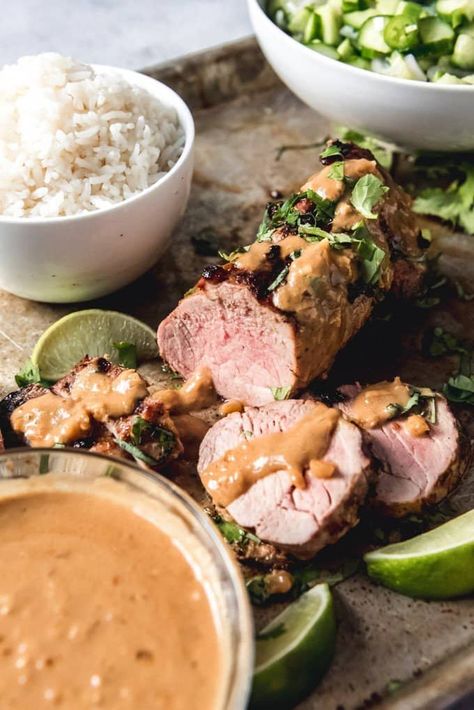 Grilled Thai Pork Tenderloin with Coconut Lime Peanut Sauce Pork Tenderloin Salad Recipes, Pork Loin Salad Recipes, Creative Pork Chop Recipes, Pork Loin Meal Prep, Thai Pork Tenderloin Recipes, Pork Tenderloin Rice Bowl, Grilled Pork Tenderloin Recipes, Thai Pork, Easy Cucumber Salad