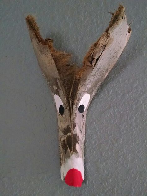 Reindeer from palm bark. Reindeer Out Of Palm Fronds, Reindeer Made From Palm Tree Bark, Palm Tree Reindeer, Crafts With Palm Tree Bark, Reindeer Palm Frond, Palm Tree Bark Crafts, Palm Bark Crafts, Palm Fronds Crafts, Australian Crafts