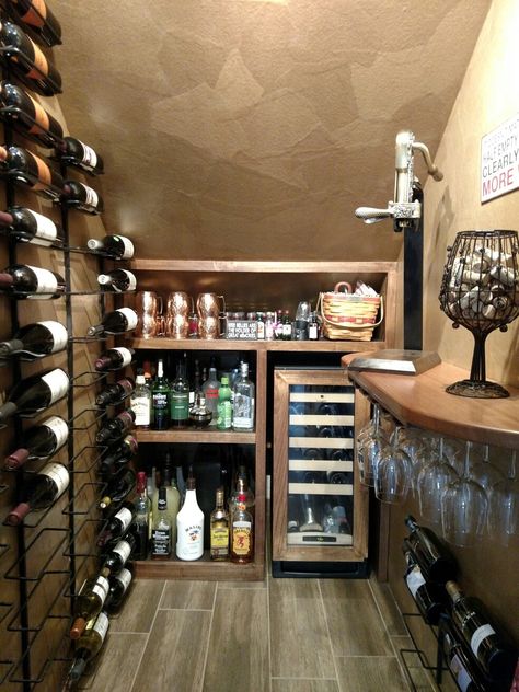 Under Stair Cellar, Wine Cellar Basement Small Bar Ideas, Under Stairs Closet Bar Ideas, Small Wine Cellar Ideas Under Stairs, Small Wine Cellar Under Stairs, Wine Cellar Closet Ideas, Diy Wine Room Ideas In House, Small Wine Cellar Ideas Basements, Wine Cupboard Under Stairs