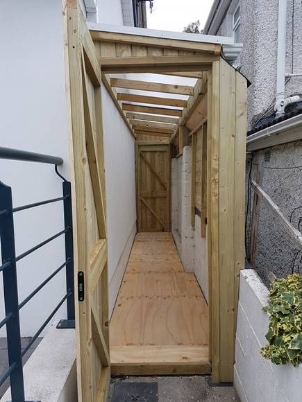 Lean To Shed Cabinteely | Side Passage Shed | Mac Carpentry. Covered Side Passage, Storage On Side Of House, Side Alley Shed, Side House Storage, Side Passage Lean To, Lean To Side Of House, Side Of House Storage, Alley Shed, Side House Extension Ideas