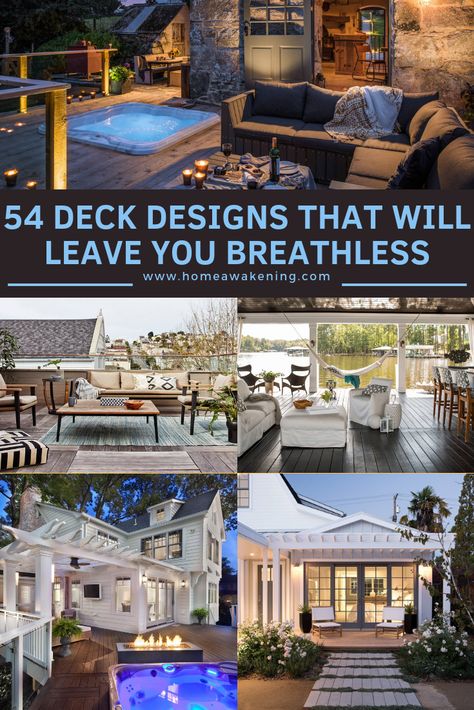 These 54 deck designs will make you say wow! #deck #backyard #landscaping Huge Decks Outdoor Living, Backyard Wrap Around Deck Ideas, Luxury Deck Ideas, Deck Vs Patio Backyards, Houses With Big Decks, Outdoor Two Story Deck Ideas, Covered Deck Off Master, Big Deck Ideas, Luxury Decks And Patios