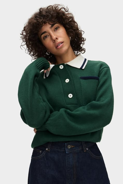 ALIGNE Rugby Knitted Polo - Dark Green | Brett Green Jumper Outfit, Polo Sweater Outfit, Scouts Uniform, The Great Debaters, Trinity Rodman, Rugby Sweater, Slytherin Girl, Womens Rugby, 70s Mod