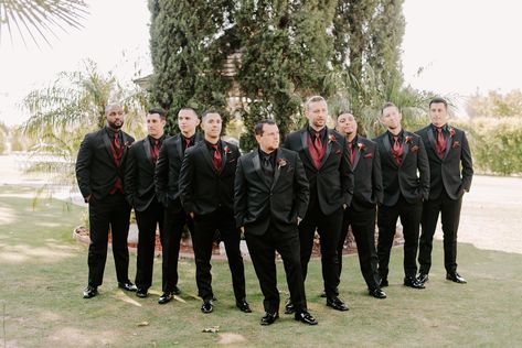 Black Bridesmaid Dresses With Maroon Flowers, All Black Suit With Burgundy Tie, Black Wedding Dress With Burgundy Bridesmaids, Black Tux With Burgundy Tie, Black And Red Groom Attire, Black And Burgundy Wedding With Sunflowers, Deep Red Groomsmen Attire, Dark Burgundy And Black Wedding, Cabernet Groomsmen Attire