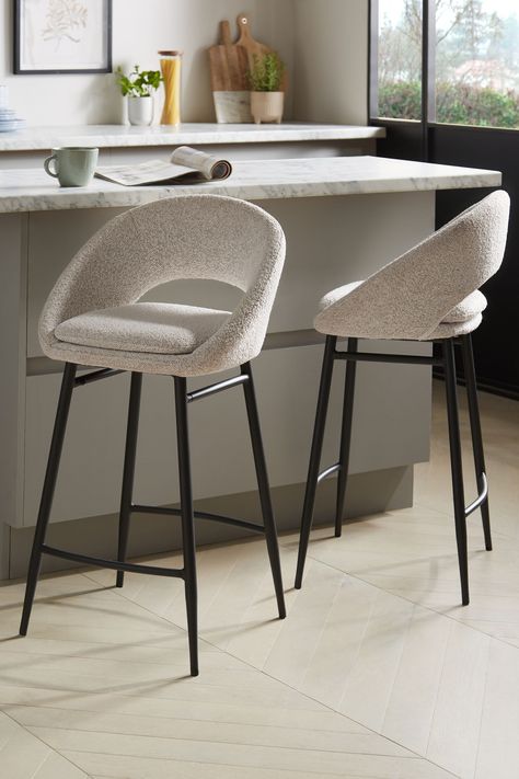 Buy Casual Bouclé Light Natural Hewitt Fixed Height Non Arm Bar Stool from the Next UK online shop High Stools Kitchen, Island Bar Stools, Breakfast Bar Chairs, Open Plan Kitchen Dining Living, Arm Bar, Breakfast Bar Stools, Sculptural Furniture, Open Plan Kitchen Dining, Designer Bar Stools