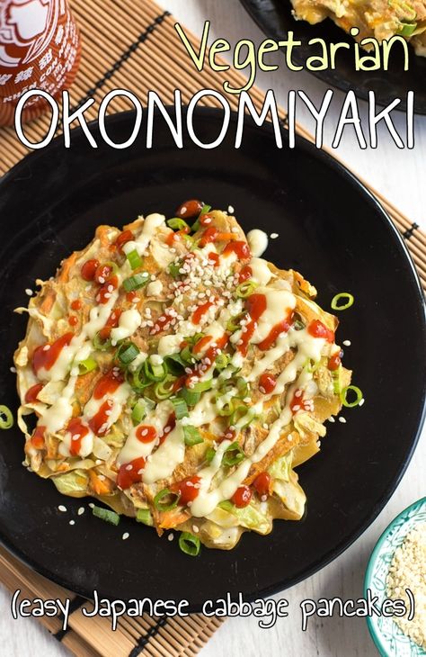 Vegetarian okonomiyaki (Japanese cabbage pancakes) – Easy Cheesy Vegetarian Vegetarian Okonomiyaki, Okonomiyaki Rezept, Cabbage Pancakes, Japanese Cabbage, Japanese Vegetarian Recipes, Okonomiyaki Recipe, Vegetarian Japanese, Vegetarian Asian, Vegetable Pancakes