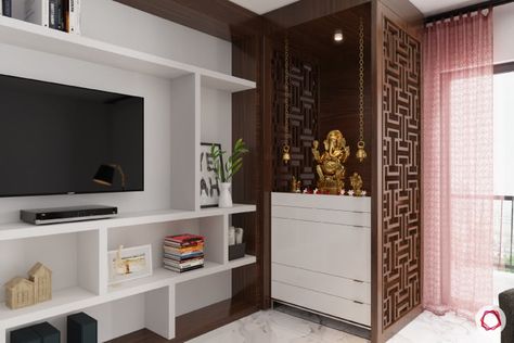 10 Mandir Designs For Contemporary Indian Homes Small Pooja Unit, Lattice Panels, Modern Tv Cabinet, Mandir Design, Indian Living Rooms, Temple Design For Home, Living Room Tv Unit Designs, Indian Home Design, Living Room Tv Unit