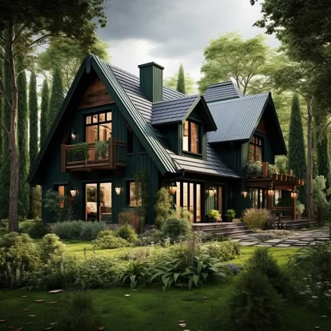 3+ Dark Green Exterior House Color Ideas for a Nature-Inspired Home • 333+ Images • [ArtFacade] House Paint Green Exterior, Dark Green Modern House Exterior, Dark Green Exterior House With Natural Wood Elements, Woodsy House Exteriors, Dark Green Farmhouse Exterior, Dark Green House Exterior Black Trim, Dark Green Siding House, House Designs Exterior Farmhouse, Small Modern Home Exterior