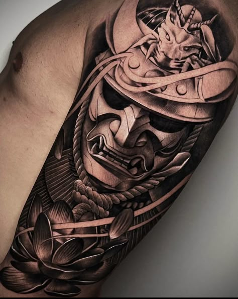 Realism Half Sleeve Tattoo, Samurai Tattoo Mask, Anubis Half Sleeve Tattoo, Japanese Hannya Tattoo, Mascara Samurai, Hanya Mask Tattoo Design, Japanese Realism Tattoo, Japanese Samurai Tattoo, Arm Tattoos Japanese