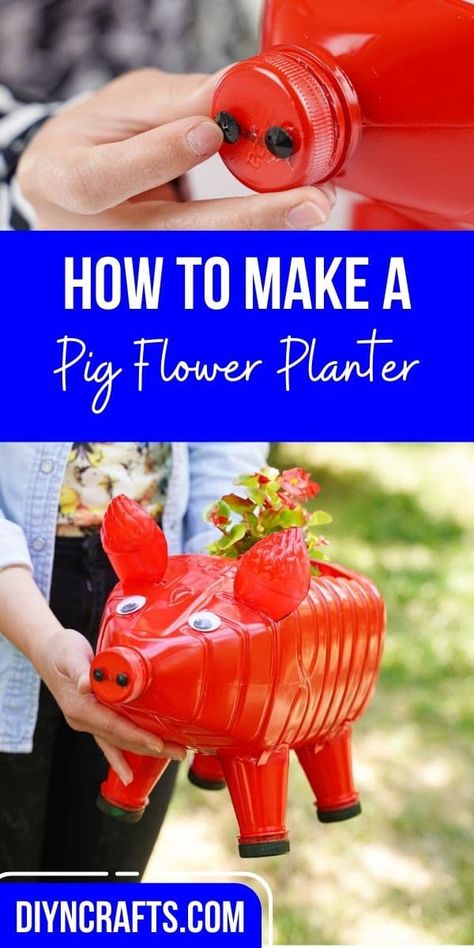 Turn a gallon water bottle into a gorgeous pig flower planter with just a bit of imagination and paint! A cute garden decoration! 5 Gallon Water Bottle Crafts, 4 Gallon Water Jug Projects, Plastic Jug Planters Diy, Plastic Gallon Jug Crafts, Crafts With Gallon Jugs, Water Bottle Animals Crafts, Recycled Water Bottle Crafts, Gallon Jug Crafts, Water Jug Crafts