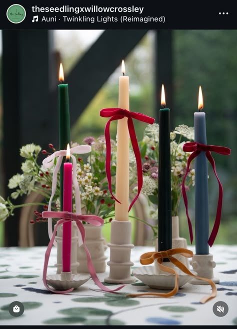 Velvet Wedding Decor, Styling Candles, Floral Arrangements Christmas, Willow Crossley, Legal Wedding, Blush Christmas, Candle Workshop, Candle Tutorial, Candle Ribbon