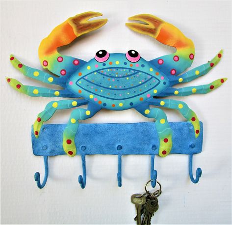 CRAB WALL HOOK, Aqua Crab, Nautical Decor, Painted Metal Wall Decor, Key Holder, Coastal Decor, Beach Decor, 107-Aq-Hk by TropicAccents on Etsy Coastal Wall Painting, Crab Door Decoration, Diego Montoya, Crab Abstract Art, Blue Crab Painting, Blue Crab Decor, Crab Sign, Blue Crabs Art, Crab Decor