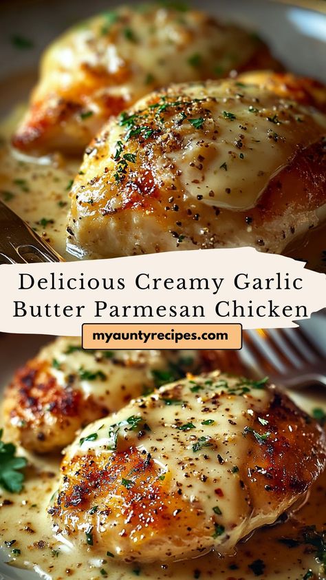 This Delicious Creamy Garlic Butter Parmesan Chicken Recipe is a rich and flavorful dish that’s perfect for any occasion. Tender chicken breasts are cooked in a creamy garlic butter sauce, with Parmesan cheese adding a deliciously savory flavor. Whether you serve it over pasta, mashed potatoes, or with a side of veggies, this dish is sure to become a family favorite. Creamy Garlic Butter Parmesan Chicken, Garlic Butter Parmesan Chicken, Butter Parmesan Chicken, Tender Chicken Breast Recipes, Creamy Chicken Breast Recipes, Creamy Garlic Butter Sauce, Butter Sauce For Pasta, Garlic Chicken Pasta, Butter Chicken Sauce