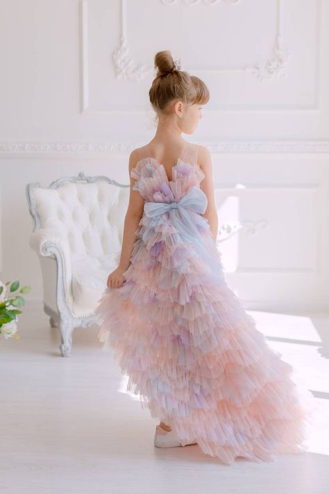 High Low Tulle Dress for Girls Rainbow Flower Girl Dress - Etsy Canada High Low Tulle Dress, Girls High Low Dress, Purple Tutu Dress, Tulle Tutu Dress, 1st Birthday Dresses, Girls Ball Gown, Girls Sequin Dress, Wedding Dresses For Kids, Girls Tulle Dress