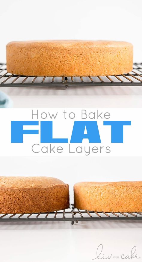 Learn how to bake flat cakes every single time! A simple tutorial on how to make sure your cakes come out nice and flat straight out of the oven. | livforcake.com How To Make Flat Cake Layers, How To Layer A Cake With Frosting, Flat Cake Layers How To Get, Homemade Chocolate Wedding Cake, Easy Elegant Birthday Cakes, Cake Decorating Easy Simple, Airbrush Cakes Beginner, Wedding Cakes Elegant Classy Simple, How To Level A Cake