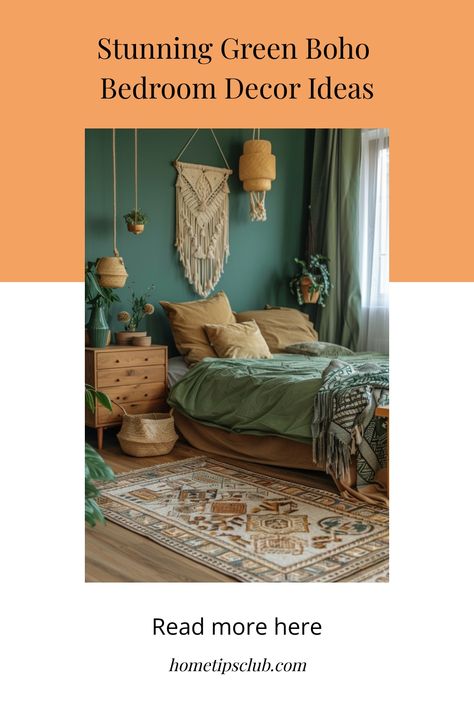 Discover the essence of tranquility with these stunning Green Boho Bedroom Ideas. Elevate your space with dreamy decor and inspirational aesthetics. Dive into the world of green boho bedroom inspirations to create a cozy retreat that exudes charm and relaxation. Infuse your room with lush green tones and bohemian elements to achieve a unique and stylish look. Explore endless possibilities for transforming your space into a serene oasis by incorporating the captivating allure of a green boho bedr Boho Green Bedroom, Green Boho Bedroom Decor, Bedroom Boho Ideas, Green Boho Bedroom Ideas, Vibe Bedroom Ideas, Green Boho Bedroom, Green Accent Wall, Boho Bedroom Inspirations, Botanical Bedroom