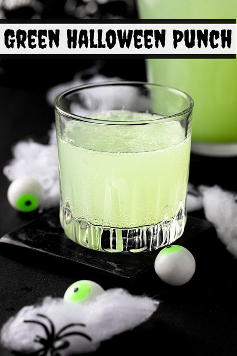 Green Non Alcoholic Punch Recipes, Large Batch Party Cocktails Halloween, Green Halloween Punch For Kids, Adult Halloween Drinks Punch, Halloween Punch Ideas Non Alcoholic, Easy Halloween Batch Cocktails, Green Batch Cocktail, Green Alcoholic Punch, Green Punch Recipes Non Alcoholic