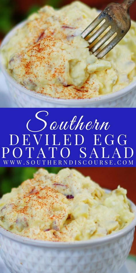 Southern Deviled Egg Potato Salad - southern discourse Potato Salad Mustard Southern, Potato Salad With Mustard And Mayo, Potato Salad With Sweet Pickles, Best Southern Potato Salad Recipe, Potato Salad Recipe Southern, Soul Food Potato Salad, Potato Salad Sweet, Mustard Potato Salad, Deviled Egg Potato Salad