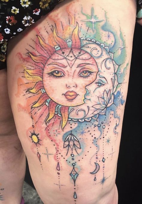 Riverside Tattoo, Front Thigh Tattoos, Sun Moon Tattoo, Thigh Tattoos For Women, The Coffee House, Earthy Tattoos, Moon Sun Tattoo, Celestial Tattoo, Sun Tattoo Designs