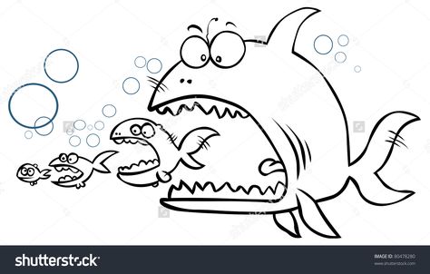 Cartoon Big Fish Eating Up The Smaller. Outline Drawing. Stock ... Fish Drawing Easy, Shark Eating, Fish Eating, Fish Sketch, Eating Fish, Fish Drawing, Drawing Poster, Animal Drawings Sketches, Doodle Art Drawing