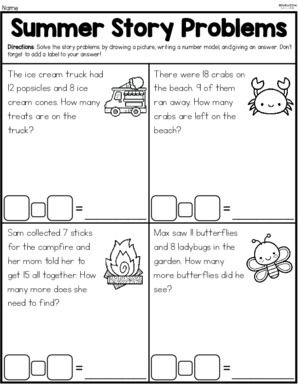 2nd Grade Story Problems, Math Story Problems First Grade, Story Problems First Grade, Word Problems Kindergarten, Number Stories, Math Story Problems, Number Sentences, Summer Story, Math Problems