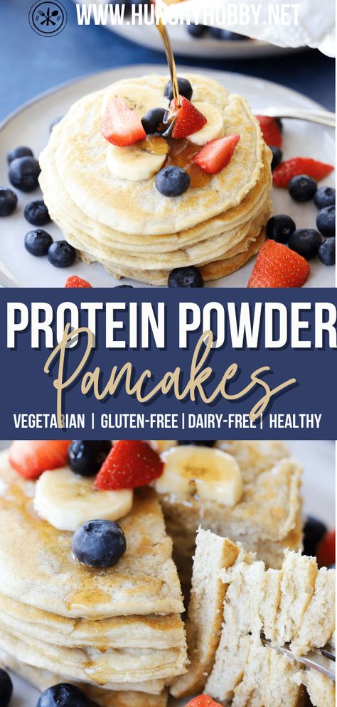 Easy protein powder pancakes with 20 grams of protein made from just five ingredients and perfect for meal prep or a quick, delicious breakfast! Protein Powder Pancakes No Flour, Pancakes Made With Protein Powder, Protein Pancakes Dairy Free, Protein Breakfast Pancakes, Vegan Protein Powder Pancakes, Easy Protein Powder Pancakes, Diy Protein Pancakes, Protein Powder Breakfast Ideas, Kodiak Pancakes With Protein Powder