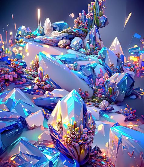 Desert Kingdom Fantasy Art, Crystal Concept Art, Coloring Crystals, Crystal Landscape, Imaginary Places, Alpine Landscape, Stylized 3d, Crystal Kingdom, Bright Highlights