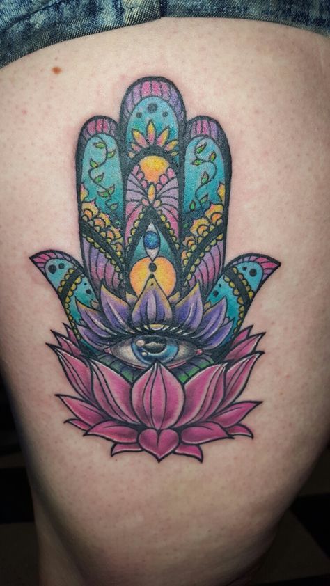 Hamsa tattoo by Aryn Fox of Cincinnati OH Hamsa Tattoos, Vintage Clock Tattoos, Throat Tattoo, Tattoo Time, Birthday Tattoo, Buddha Tattoos, Hamsa Tattoo, Tattoo Color, Pretty Tattoos For Women