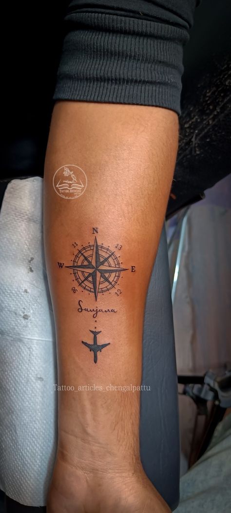 Compass Tattoo with plane Compass Tattoo With Plane, Compass And Airplane Tattoo, Compass Plane Tattoo, Airplane Compass Tattoo, Plane Tattoo Men, Aviation Tattoos For Men, Aviation Tattoo Pilots, Pilot Tattoos, Masculine Tattoo Ideas