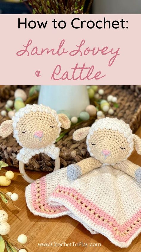 Get the free pattern for this crochet lamb rattle (or find the bundle for both the rattle and the lovey)! Crochet Lamb Lovey, Lovey Crochet Patterns, Crochet Easter Patterns, Crochet Lamb Pattern, Lovey Free Pattern, Stuffed Lamb, Crochet Patterns For Kids, Crochet Lovey Free Pattern, Crochet Pets