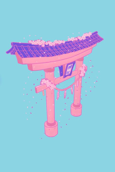 kawaii aesthetic shinto shrine gate torii in pink and purple Japanese Shrine Illustration, Torii Gate Aesthetic, Tori Gate Illustration, Tori Gate Art, Shinto Shrine Drawing, Shinto Shrine Aesthetic, Tori Gate Drawing, Sakura Blossoms Aesthetic, Japanese Shrine Aesthetic