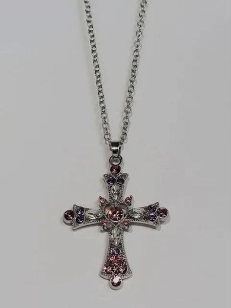 2000s Cross Necklace, Y2k Cross Necklace, Cross Necklace Aesthetic, Monster High Halloween, Random Clothing, Accessory Aesthetic, Y2k Necklace, Rhinestone Cross, Jewelry Accessories Ideas