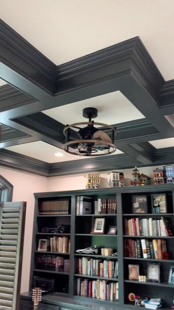 Painted Coffered Ceiling, Coffered Ceiling Ideas, Basement Entertainment, Coffer Ceiling, Room Cinema, Painted Ceilings, Wayne Homes, Ceiling Trim, Reception Desk Design