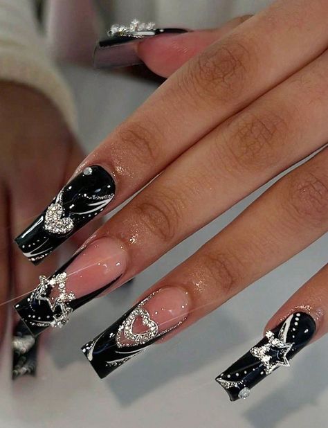 Free Returns ✓ Free Shipping✓. Transform Your Nails with 24pcs Long square dark black goth y2k style Rhinestone Decor&star Decor&3D heart Glitter bling french style Full Cover Fake Nail Kit- Press On Nails at SHEIN. Nails With Rhinestones, Animal Geometric, Black French Tips, Heart Glitter, Star Decor, Nails 3d, Goth Nails, Goth Y2k, Black Nail Designs