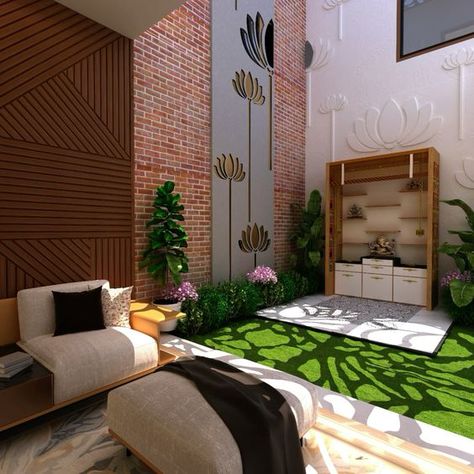 Double height , open to sky mandir Double Height Mandir Design, Mandir Living Room, Double Height Pooja Room, Double Height Wall Panelling, Open Pooja Room, Double Height Living Room Design, Double Height Living Room Wall Design, Double Height Wall Design Modern, Double Height Courtyard