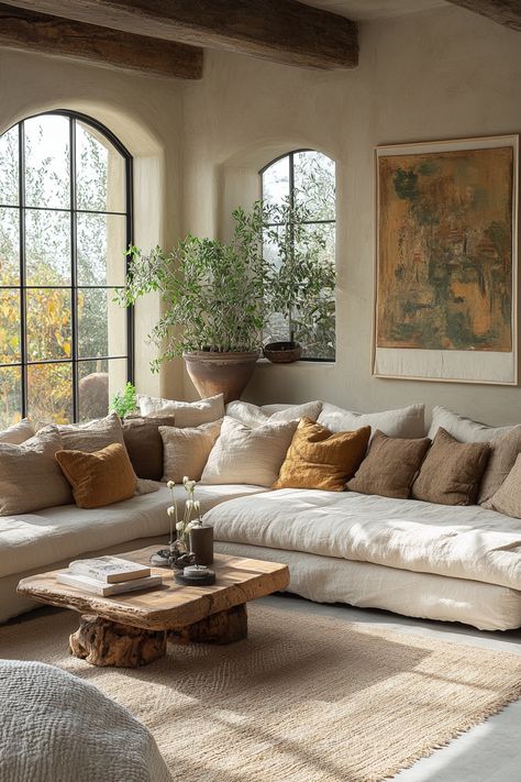 interior design Earthy Vintage Interior Design, Modern Architecture Living Room, Earth Toned Living Room Ideas, Brown Home Decor Aesthetic, Wood And Stone Living Room, Light Wood Living Room Decor, European Organic Modern Decor, Earthy Transitional Living Room, Southwestern Modern Living Room