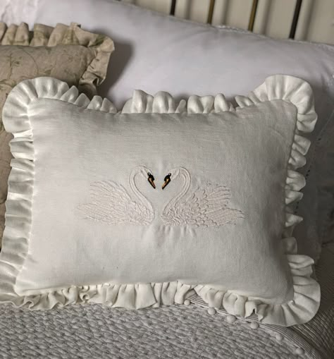 Embroidered Nursery Pillow, White Pillows Aesthetic, Soft Delicate Aesthetic, Swan Lake Bedroom, Swan Lake Nursery Theme, Swan Themed Nursery, Swan Nursery Theme, Embroidered Home Decor, Swan Baby Nursery