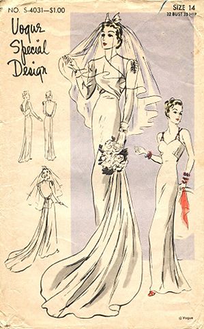 Vogue 1742 1930s | wedding dress Vogue Wedding Dress Pattern, Wedding Dresses Illustration, Vogue Wedding Dress Patterns, Vogue Wedding Dress, 1930s Veil, 1940s Wedding Dress Pattern, 60s Wedding Dress Pattern, 1930s Vogue, 1940s Vogue